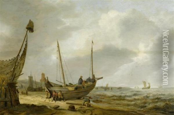 Coastal Landscape With Fishermen Near Their Boat On The Beach Oil Painting - Cornelius Decker
