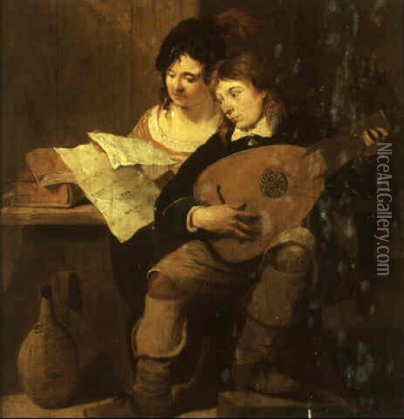 Young Man Playing A Lute With A Lady Reading Music Oil Painting - Matheus van Helmont