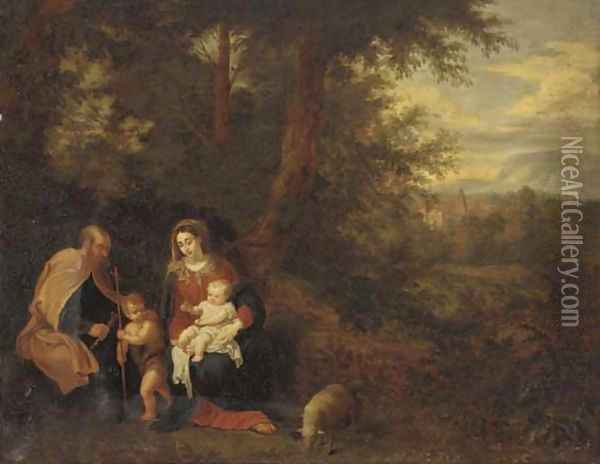 A wooded landscape with The Holy Family Oil Painting - Balthasar Beschey