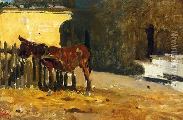 A Burro on the Patio Oil Painting - Mariano Fortuny y Marsal