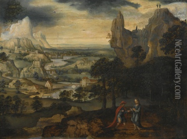 A Mountainous Landscape With The Temptation Of Christ Oil Painting - Lucas Gassel