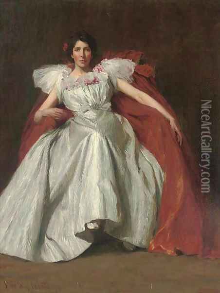 Portrait of Annette Gardner, seated full-length, in a white dress Oil Painting - John William Whiteley