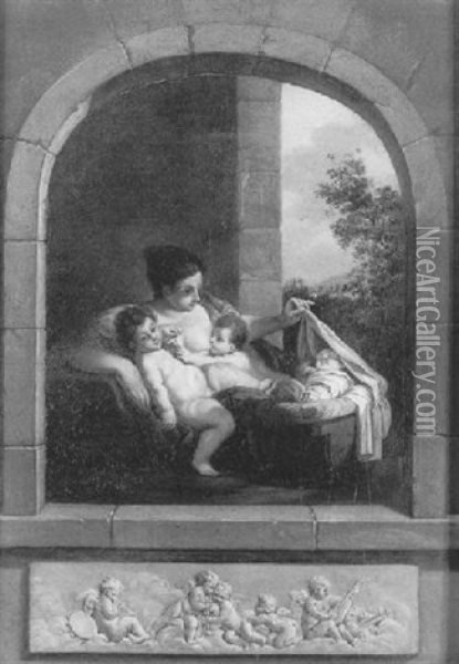 Une Jeune Femme Et Ses Enfants Dans Un Encadrement De Fenetre Avec Un Bas-relief Oil Painting - Michel Martin Drolling