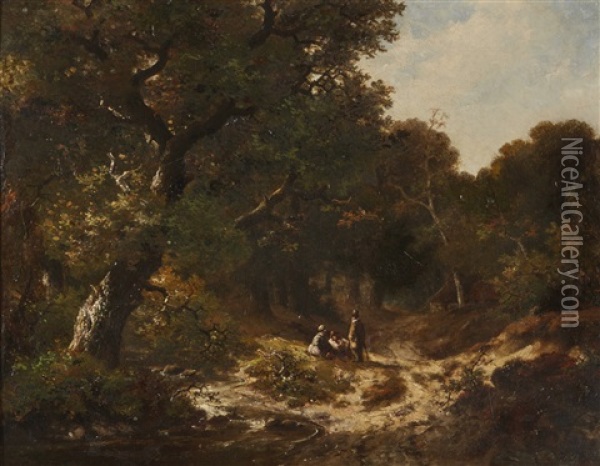 Figures On A Forest Path Oil Painting - Hendrik Pieter Koekkoek