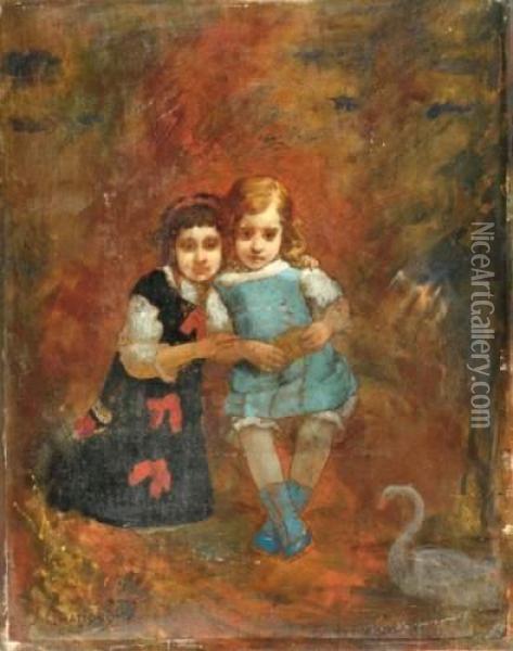 Portrait De Deux Jeunes Filles Oil Painting - Jean-Baptiste Chatigny
