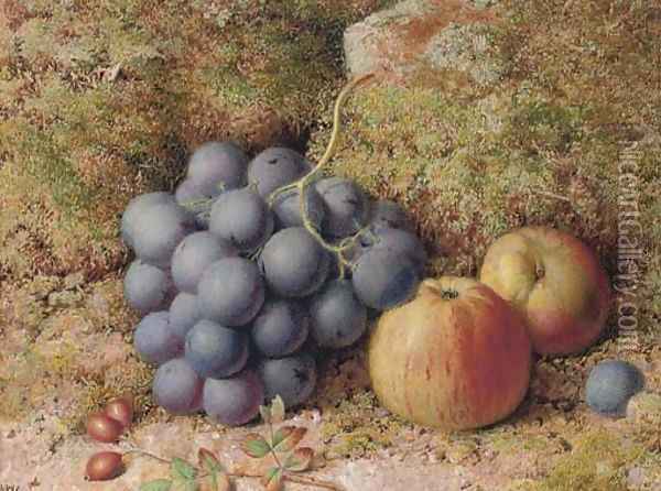 Still life of grapes and an apple on a mossy bank Oil Painting - William Hughes