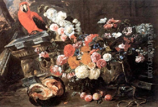 Roses, Hydrangeas, Marigolds, Hollyhocks, Lilies And Other  Flowers With A Melon, Plums And A Parrot By Architectural Oil Painting - Pieter Boel