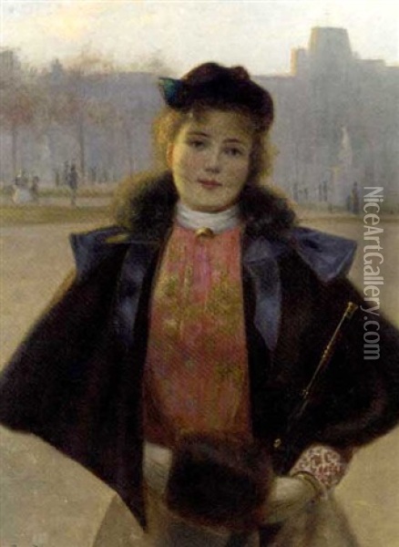 Portrait Of A Young Woman In A Winter Park With Fur Cape, Muff And Hat Oil Painting - Jean Beauduin