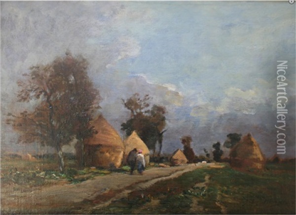 Two Figures On A Path Near Haystacks Oil Painting - Jules Hereau