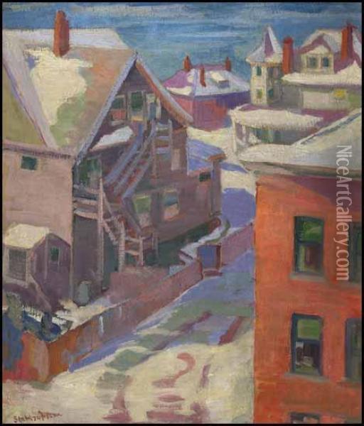Point Grey Houses In Winter Oil Painting - Statira E. Frame