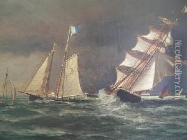 Coastal Storm Withships And A Tug Off Oil Painting - William Formby Halsall