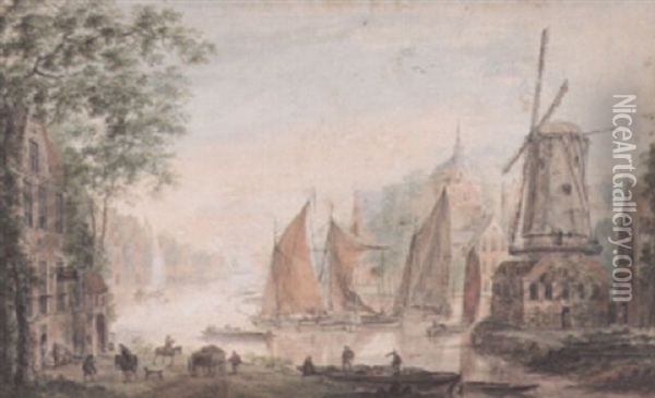 View Of A River Running Through A Town, With A Barge Moored Outside An Inn Oil Painting - Abraham Rademaker