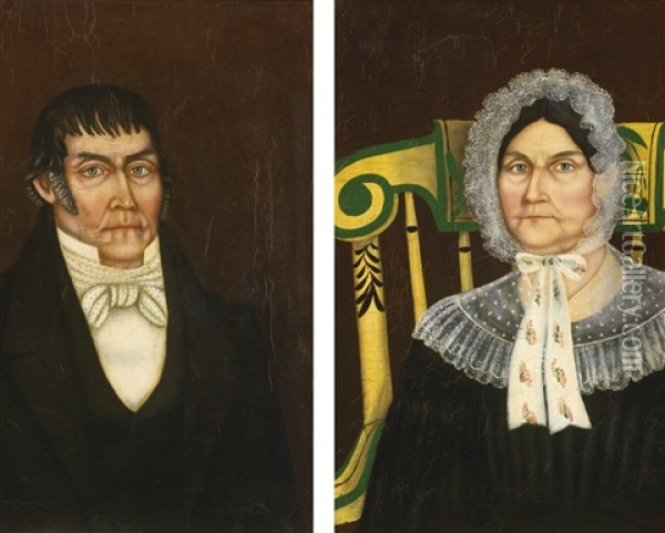 Gentleman In White Stock And Tie; Lady In White Bonnet With Floral Ribbons Seated In A Yellow Paint-decorated Rocker: Portraits Of Mr. And Mrs. Van Wormer Of Watertown, New York Oil Painting - Asahel Lynde Powers