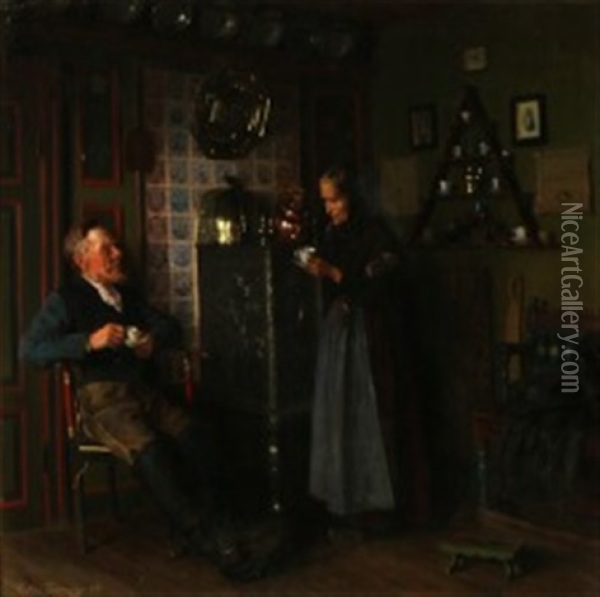 Interior With A Peasant Couple Drinking Coffee Oil Painting - Valdemar Kornerup