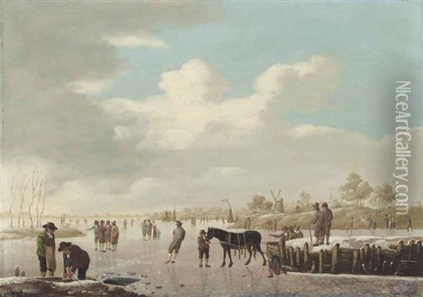 A Winter Landscape With Figures And Skating And Conversing On The Ice, Windmills On The Shore Beyond Oil Painting - Heinrich Wilhelm Schweickardt