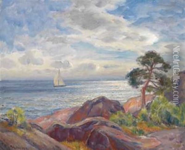 Solgangsbris Ved Kysten Oil Painting - Thorolf Holmboe