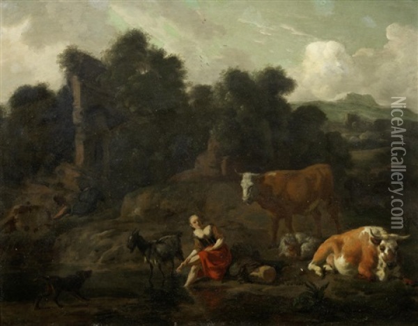 A Shepherdess Resting By A River With Her Flock Oil Painting - Dirk van Bergen