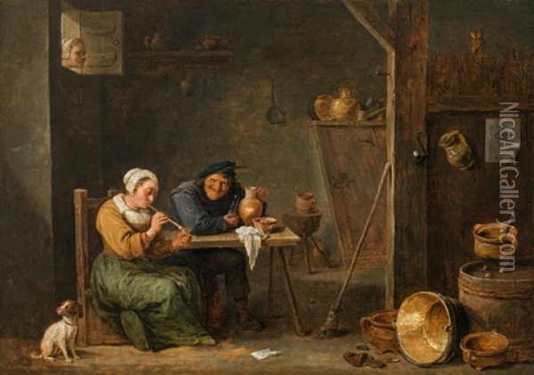 Old Woman Peering Through The Window Oil Painting - David Teniers the Younger