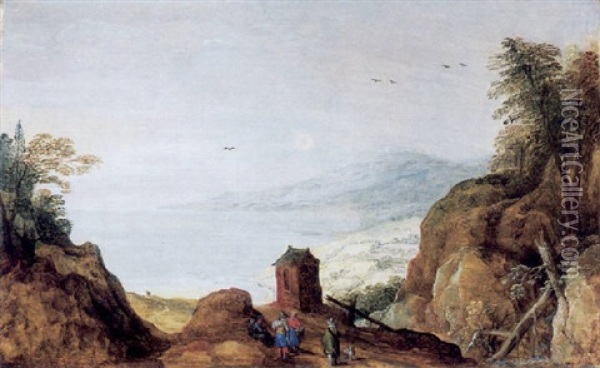 Rastende Fussganger Bei Einem Kleinen Turm Am Meer Oil Painting - Joos de Momper the Younger