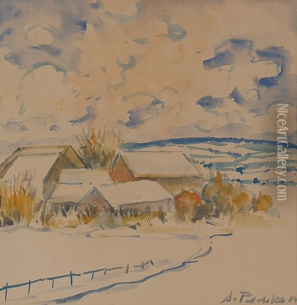 Winter Landscape With Buildings. Oil Painting - Anton Emanuel Peschka