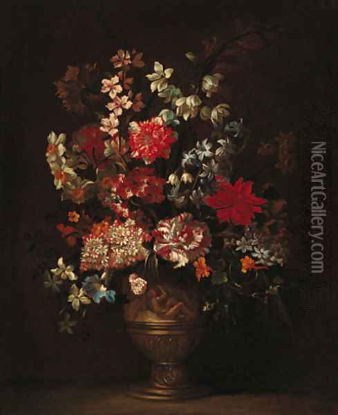 Still life of roses, carnations, narcisi and other flowers in a sculpted vase on a ledge Oil Painting - Jean-Baptiste Monnoyer