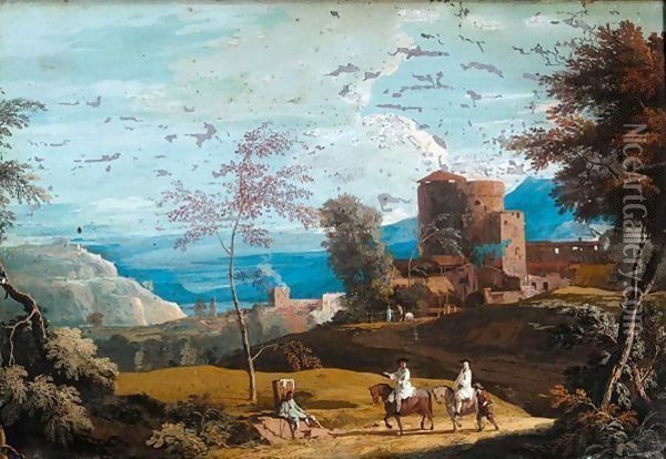 A landscape with travellers on a road Oil Painting - Marco Ricci