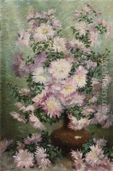 Chrysanthemes Roses Oil Painting - Juliette Wytsman