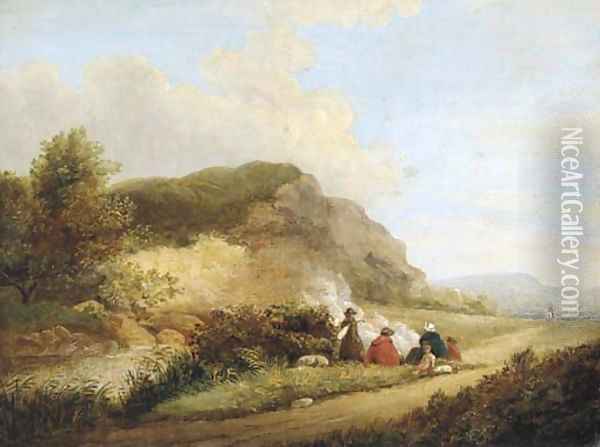 Travellers warming themselves at the wayside Oil Painting - English School
