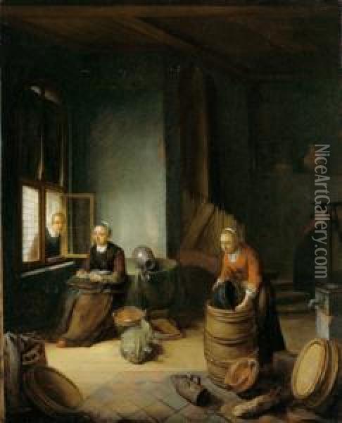 Interno Di Cucina Con Due Servette Al Lavoro E Una Donna Alla Finestra Oil Painting - Pieter Van Den Bosch