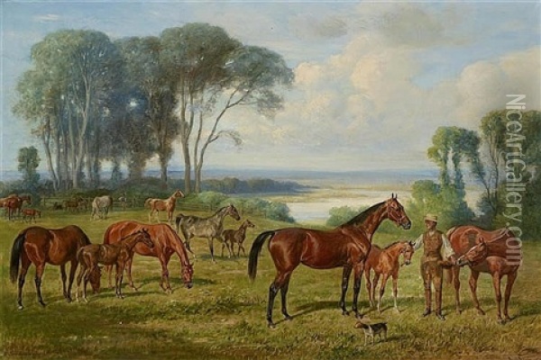 A Horseman With Thoroughbreds On The Paddock Oil Painting - Emil Adam
