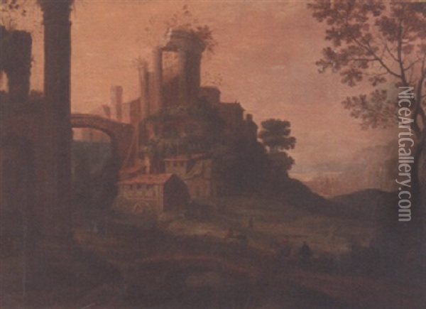 River Landscape With A Wagon And Travellers Crossing A Bridge, Watermill And Ruins Beyond Oil Painting - Paul Bril
