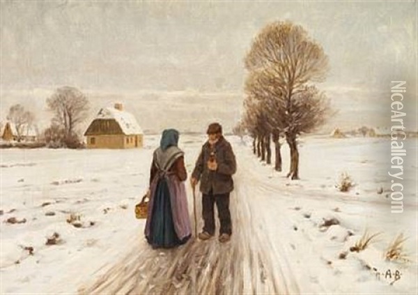 Winter Landscape With An Old Couple On A Road Oil Painting - Hans Andersen Brendekilde