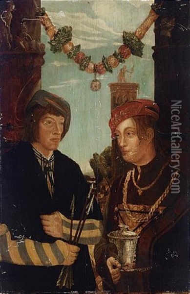 A Double Portrait Of A Couple As St. Sebastian And St. Barbara Oil Painting - Hans Leonhard Schaeufelein