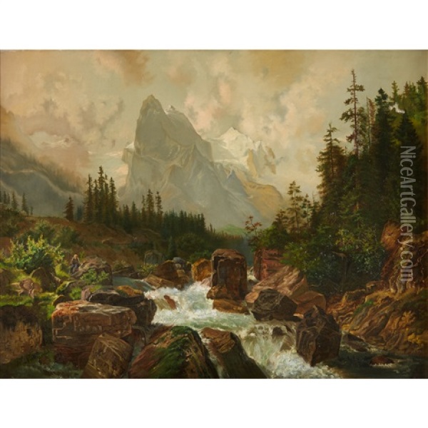 Mountain Landscape With Figure On Rock By Rushing River Oil Painting - Josef Navratil