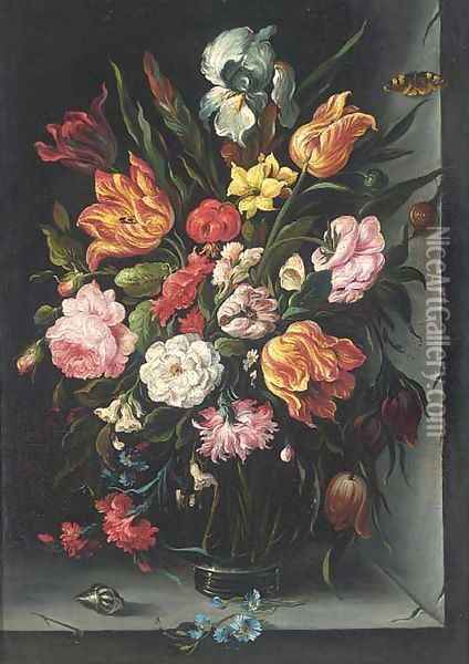 Roses, tulips, carnations, morning glory and other flowers in a glass vase with a butterfly, a snail and a shell on a ledge Oil Painting - Balthasar Van Der Ast