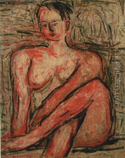 Nude Crossing Her Legs Oil Painting - Toshiyuki Hasegawa