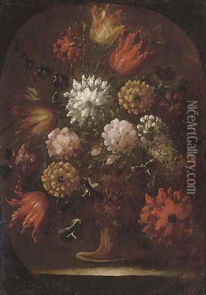 Chrysanthemums, tulips and other flowers in an urn, in a feigned oval Oil Painting - dei Fiori (Nuzzi) Mario