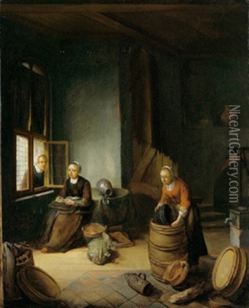 Kucheninterieur Mit Zwei Magden Bei Der Arbeit Und Einer Frau Am Fenster Oil Painting - Pieter Van Den Bosch