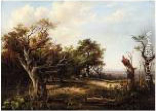 Wooded Landscape With Rustics Oil Painting - Charlotte Nasmyth