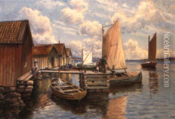 Fiskebodar, Bryggor Och Batar Oil Painting - Johan Ericson
