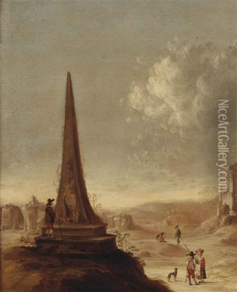An Italianate Landscape With A Grand Tourist Studying The Inscriptions On An Obelisk Oil Painting - Horatius de Hooch