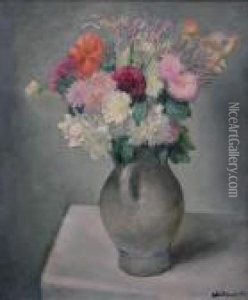Bouquet De Fleurs Dans Une Cruche Grise (1933) Oil Painting - Abraham Weinbaum