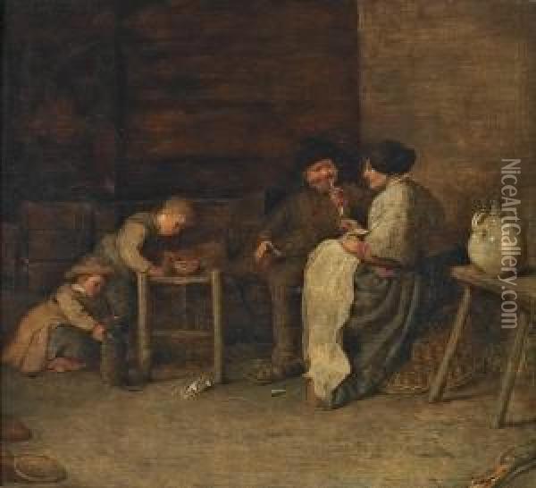 Interior With A Family At Evening Time Oil Painting - Cornelis Saftleven