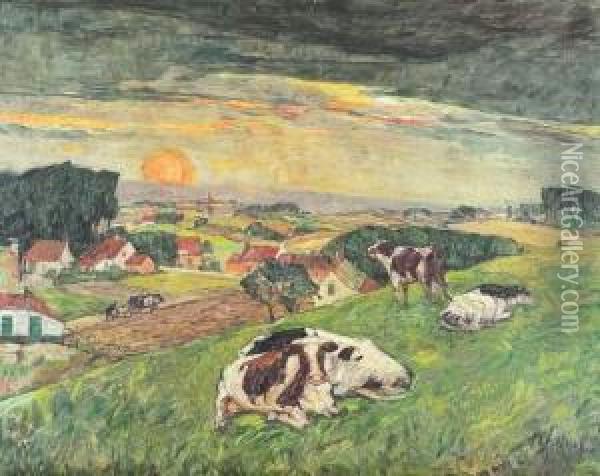 Zonsondergang Te Tiegem - Koeien (1931) Oil Painting - Modest Huys