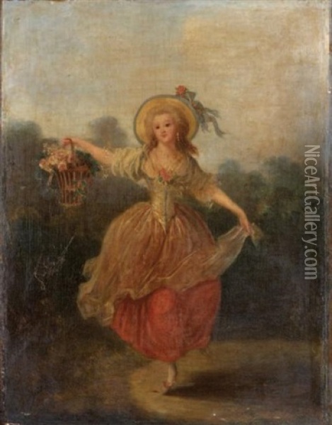 Jeune Femme Au Panier De Fleur Dansant Dans Un Jardin Oil Painting - Jean-Frederic Schall