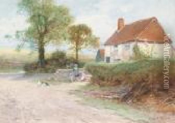 Children Playing Outside A Country Cottage Oil Painting - Leopold Rivers