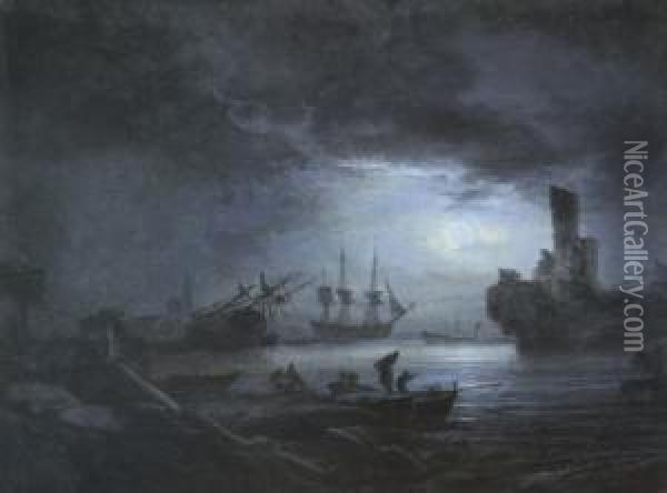 Sudlicher Seehafen Bei Vollmondbeleuchtung Oil Painting - Alexandre-Jean Noel