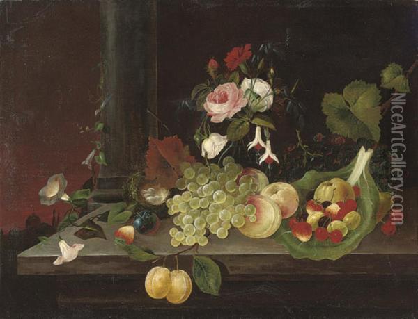 Grapes, Peaches, Strawberries, Cherries, Gooseberries, Greengagesand Convolvulus On A Stone Ledge, With A Bird's Nest And A Vase Ofroses, Carnations And Fuchsia Oil Painting - William Jones Of Bath
