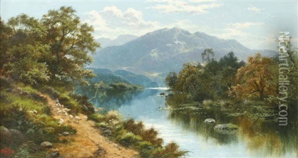 River Landscape With Shepherd And Sheep Oil Painting - Edgar Longstaffe