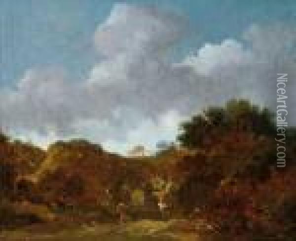 Bewaldete Landschaft Mit Einer 
Uberfallenen Wagenkolonne. Ol Auf Leinwand (doubliert). H 36,8; B 45 Cm. Oil Painting - Georges Michel
